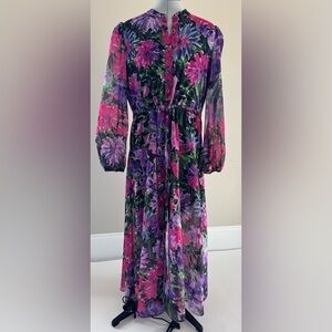 Milly Floral Midi Dress Size 10 Pink Purple Button Front Belted Lined with sheer